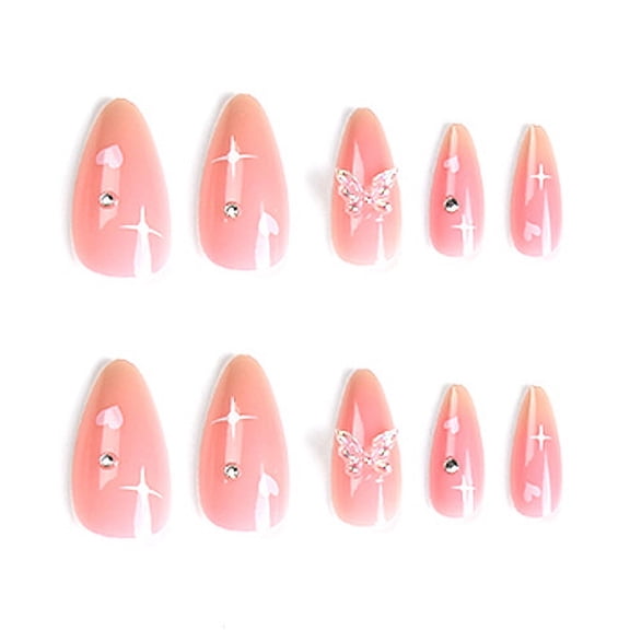 Sheer Pink Heart Star Butterfly Rhinestone Decorative Press on Nails, Medium Pointed Almond Glossy False Nails with Raised Detail, 24 Count