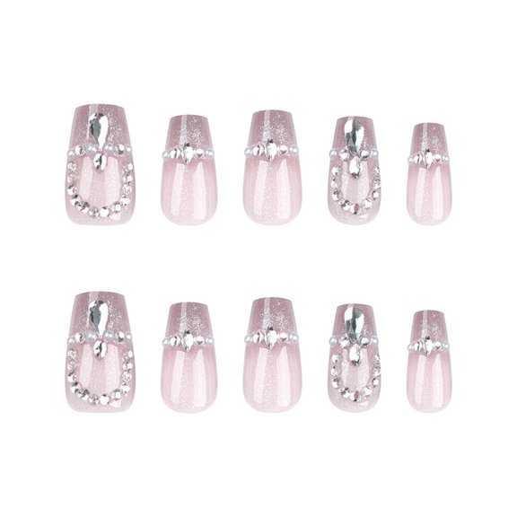 Sheer Pink Rhinestone Accent Glitter Press on Nails, Medium Coffin Glossy Glitter False Nails, 10 Count