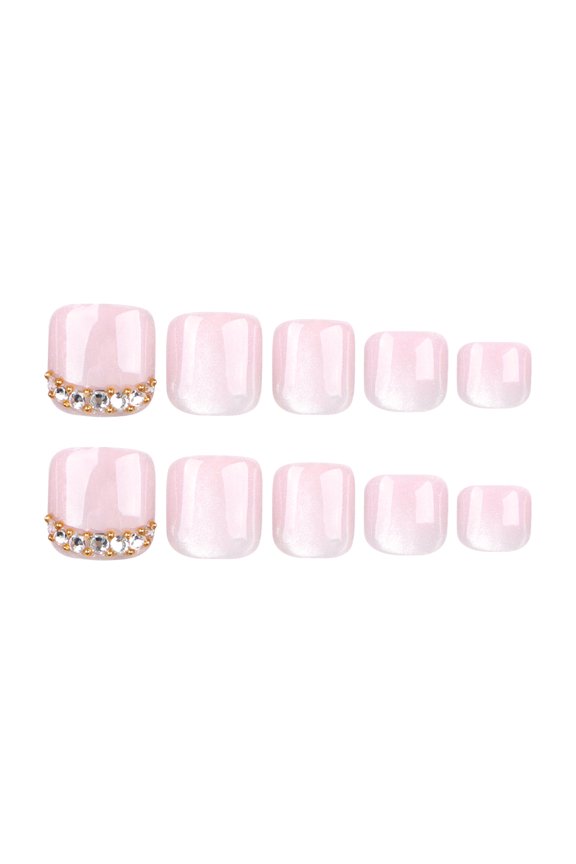 Sheer Pink Rhinestone Accent Press on Toenails, Short Squoval Glossy Fake Toenails, 24 Count