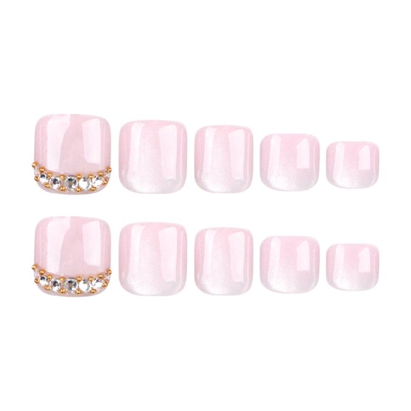Sheer Pink Rhinestone Accent Press on Toenails, Short Squoval Glossy Fake Toenails, 24 Count