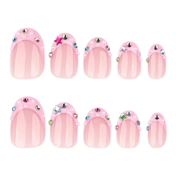 Sheer Pink Rhinestone Pearl Star Decorative Press on Nails, Short Squoval Glossy Translucent Fake Nails, 24 Count
