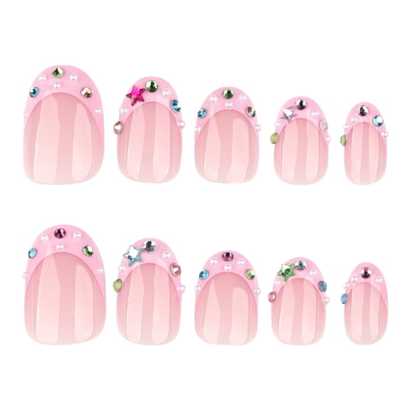 Sheer Pink Rhinestone Pearl Star Decorative Press on Nails, Short Squoval Glossy Translucent Fake Nails, 24 Count