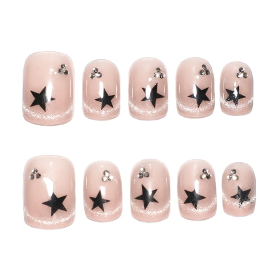 Sheer Pink Star Pattern Press on Nails with Rhinestone Accents, Glitter Gradient Tips Short Squoval Glossy Fake Nails, 10 Count