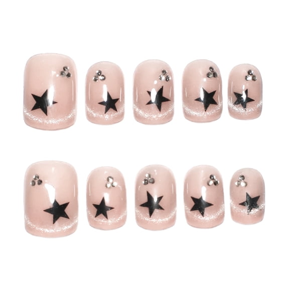 Sheer Pink Star Pattern Press on Nails with Rhinestone Accents, Glitter Gradient Tips Short Squoval Glossy Fake Nails, 10 Count