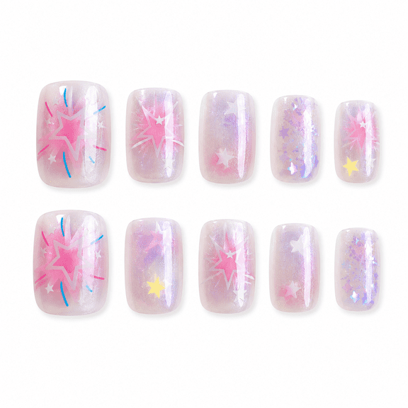 Sheer Pink Star Press on Nails, Short Square Cat Eye Glossy False Nails, 30 Count