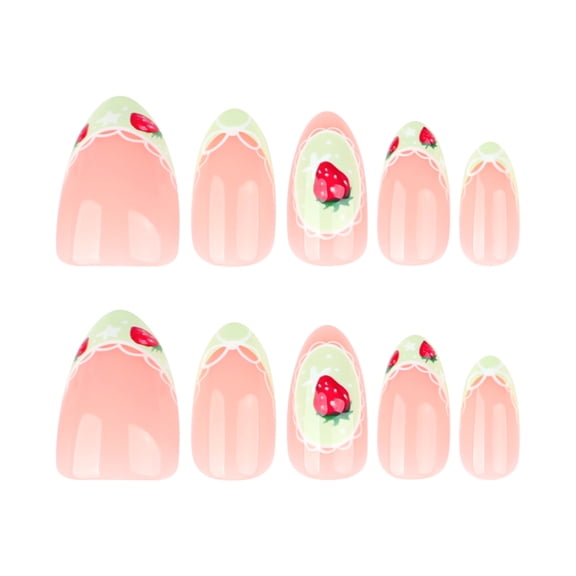 Sheer Pink Strawberry Pattern Press on Nails, Medium Almond Glossy False Nails with Star Accent & Lace Detail, 30 Count