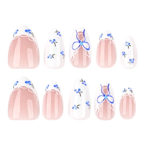 Sheer Pink White Ombre Blue Press on Nails Medium Almond Fake Nails with Glossy Finish Sheer Pink White Ombre Full Cover Adhesive Press Ons Graceful Acrylic False Nails for Women Girls 24 Pcs