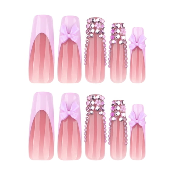 Sheer Pink White Ombre Bow Rhinestone Press on Nails, Medium Coffin Shape Glossy Raised Detail False Nails, 24 Count