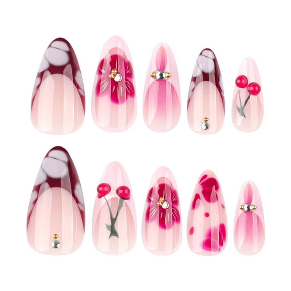 Sheer Pink White Ombre Floral and Cherry Pattern Press on Nails, Medium Almond Glossy False Nails with Raised Detail, Rhinestone and Gold Bead Accents, 24 Count