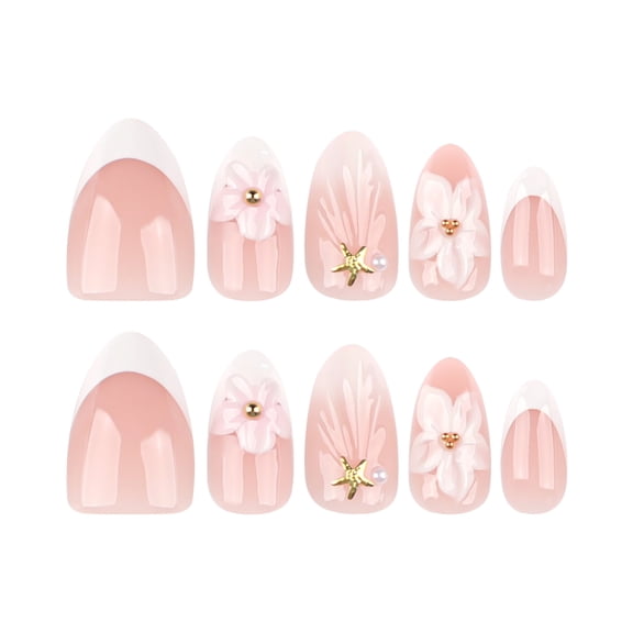 Sheer Pink White Ombre Press on Nails, White Tip Floral Starfish Accents, Medium Almond Glossy False Nails with Raised Detail, 24 Count