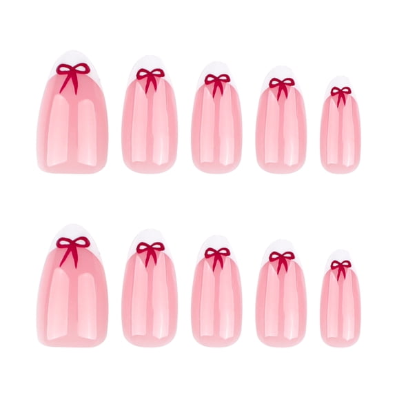 Sheer Pink with Red Bow Design Press on Nails, Medium Squoval Glossy False Nails, 24 Count