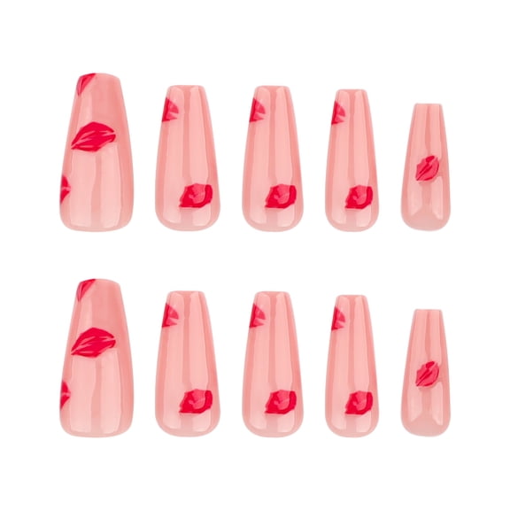Sheer Pink with Red Lip Print Pattern Press on Nails, Long Almond Glossy False Nails, 24 Count