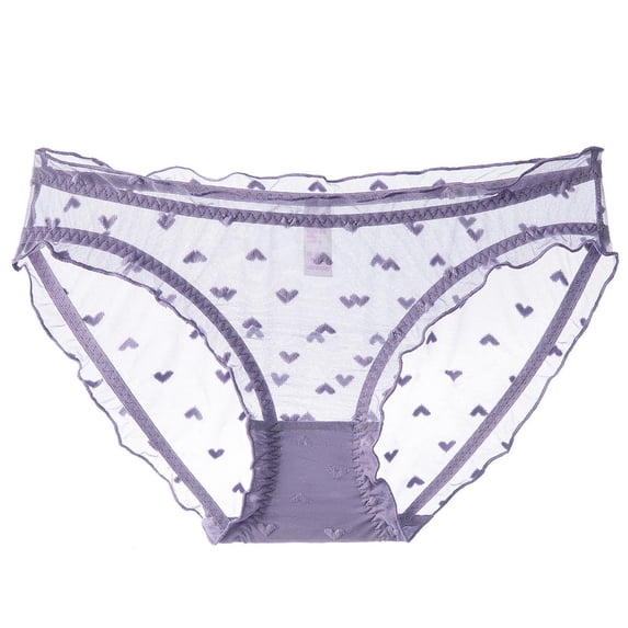 Sheer Purple Heart Print Panties for Women, Breathable Mesh Underwear with Ruffle Trim, Soft Stretch Comfy Briefs S-XXL,Size 2XL