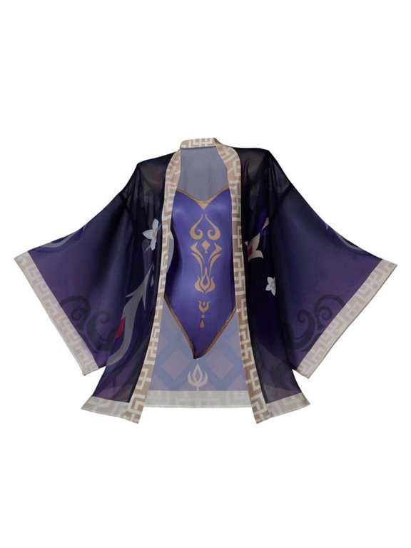 Sheer Purple Kimono & Bodysuit Set - Geometric Trim, Floral & Wave Print Design for Themed Gatherings & Performances