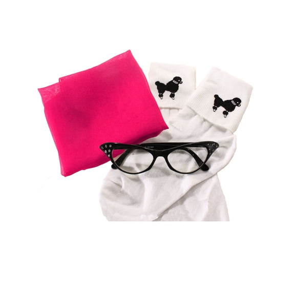 Sheer Rose Pink Chiffon Scarf, Cat Eye Glasses & Poodle Socks - 50s Accessory Set