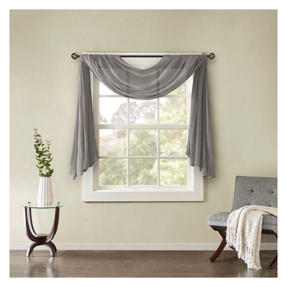 Sheer Scarf for Windows - Crushed Solid Window Treatment - Lightweight Grey Drapery - 42x144 Inch Window Topper - Easy Drape Tab Top