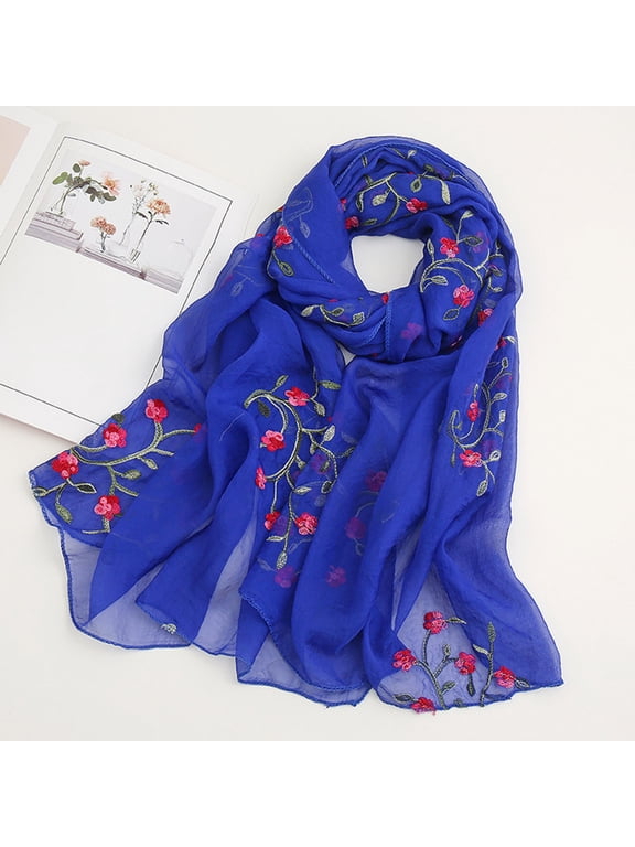 Sheer Scarfs Shawls Wraps AURORADY Embroidery Chiffon Lightweight Fashion Summer Fall Scarf Wrap Shawl for Women Blue One Size Silk Scarves