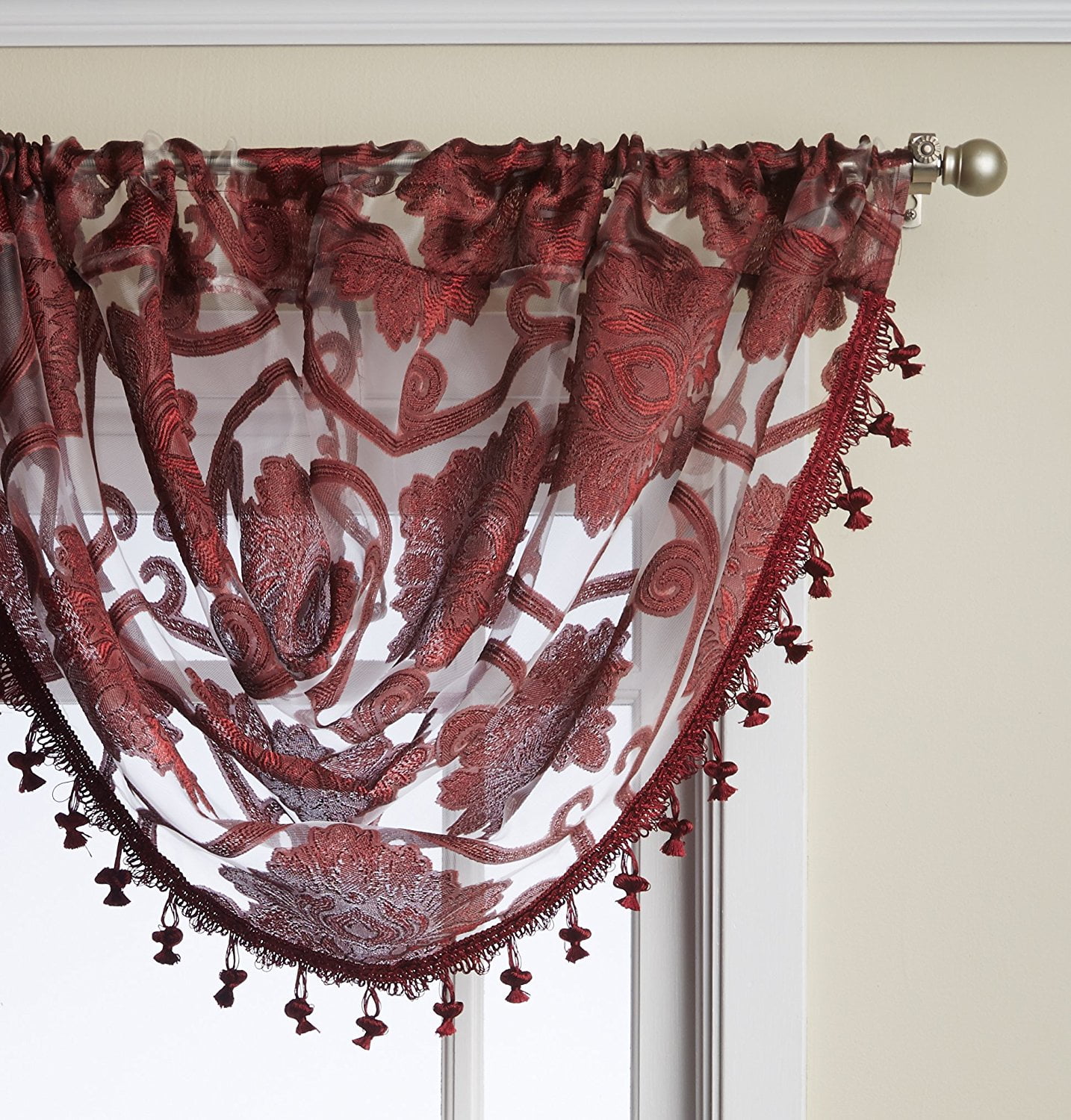 Sheer Scroll Waterfall Window Valance - Burgundy - Walmart.com