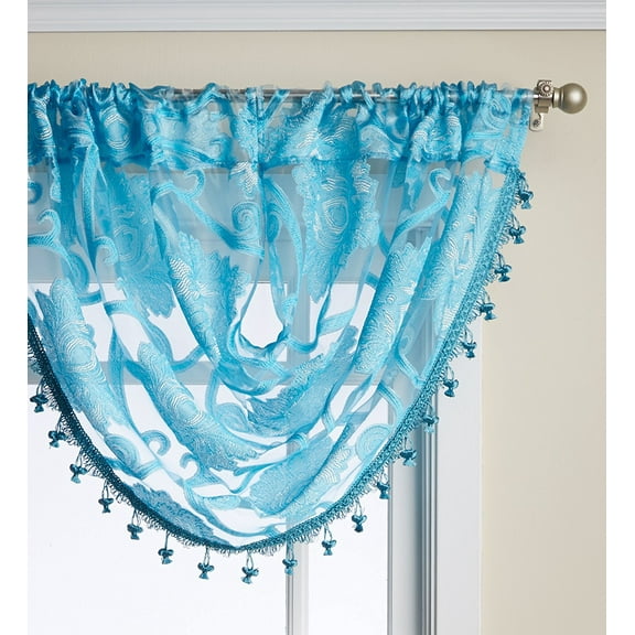 Sheer Scroll Waterfall Window Valance - Turquoise
