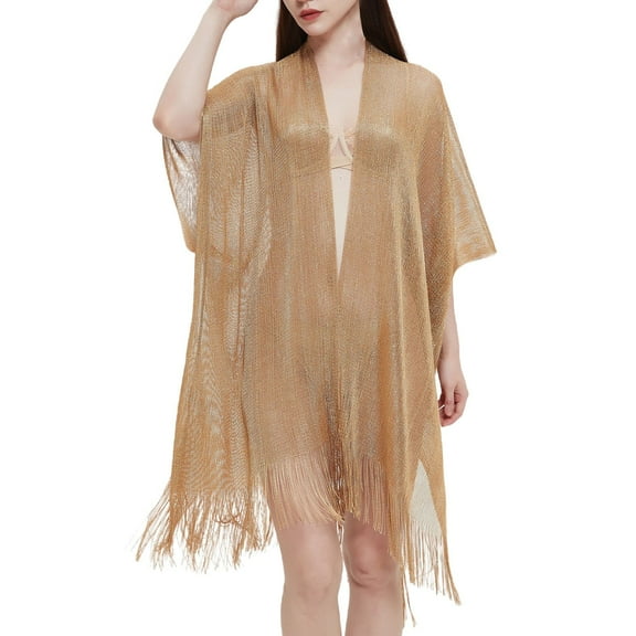 Sheer Shawl, Duoif Cuff Filigree Tassel Cape Women's Solid Color Summer Transparent Thin Shawl Wraps for Women Gold1