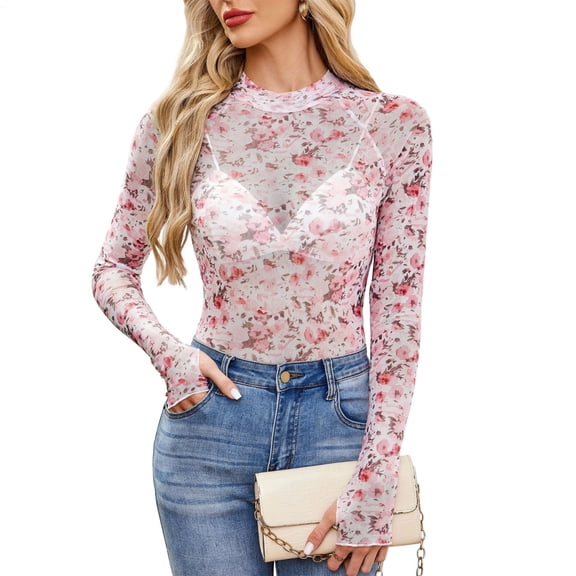 Sheer Shirts for Women | Floral Sheer Lace | Fashion Long Sleeve T Shirts Mesh See Through Blouse | Everyday Wear
