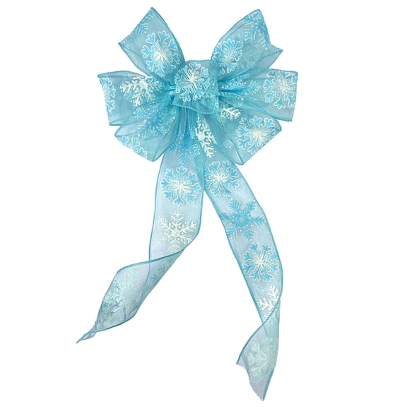 Sheer Snowflakes Christmas Wreath Bow - 10" Wide, 18" Long Pre-Tied Bow, Light Blue Glitter Snowflakes, Gift Basket, Winter Decoration, Front Door Decor