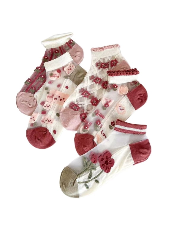 Sheer Socks Flower Graffiti Sheer Ankle Socks for Women /Girls5pairs