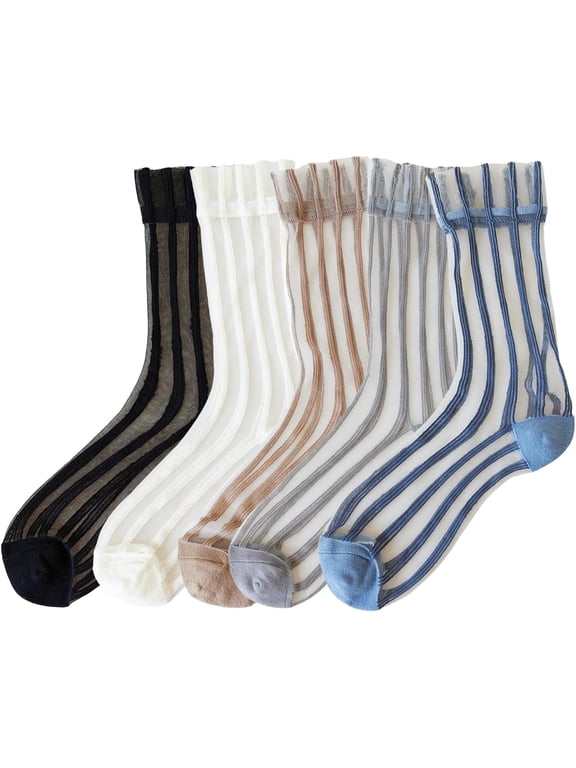 Sheer Socks for Women, Summer Mesh Stripe Patterned Transparent Thin Lace Elastic Crystal Glass Socks