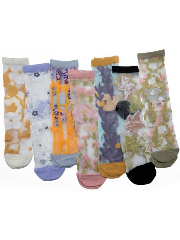 Sheer Socks for Womens,Summer Transparent Floral Lace Mesh Socks,Glass Silk Elastic See Through Sock