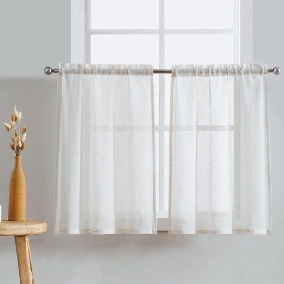 Sheer Tiers 24 Inch Short Natural Flax Linen Blend Small Cafe Curtains for Laundry Room Windows Farmhouse Rusric Curtains Rod Pocket 2 Panels Set