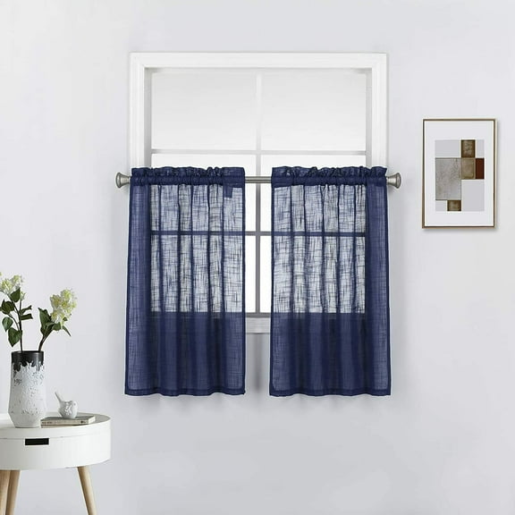 Sheer Tiers Faux Linen Semi-Transparent Rod Pocket Short Windows Treatment Curtains Set for Small Windows, (27"W x 36"L, Navy Blue)