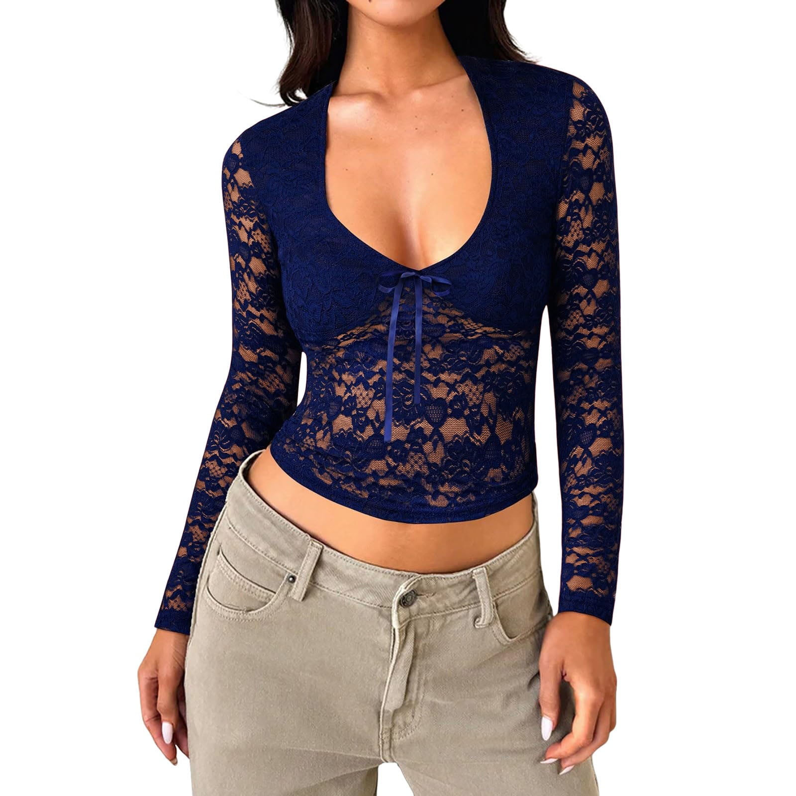 Sheer Tops for Women, Yigetop Lace Long Sleeve Tops for Women Low