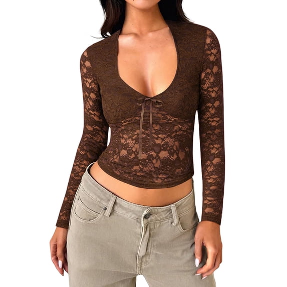 Sheer Tops for Women, Yigetop Lace Long Sleeve Tops for Women Low Cut Going Out Mesh Crop Tops Slim Tight Shirts Lace Undershirt Lace Tops for Women Brown 2XL