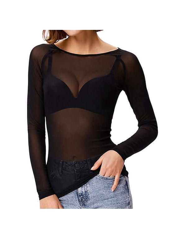 Sheer Tops for Women, Long Sleeve Mesh Shirts 2025 New Summer Slim Fitting Crewneck Clubwear Blouse Plus Size Loose Fitting Tops for Lady Black XL