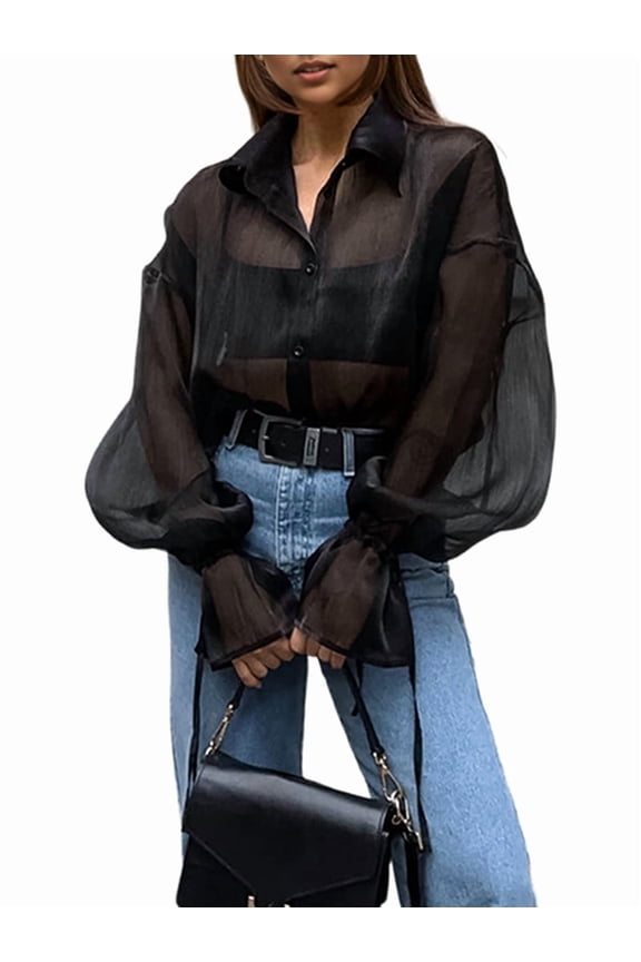 Sheer Tops for Women Sheer Button Up Blouse Long Sleeve See Through Tops Mesh Shirts Black S