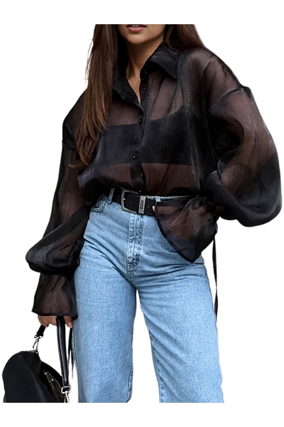 Sheer Tops for Women Sheer Button Up Blouse Long Sleeve See Through Tops Mesh Shirts