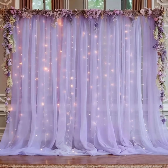 Sheer Tulle Backdrop Curtain with LED Fairy Light Strings Transparent Background Drapes For Wedding Birthday Party Photo Booth Decor