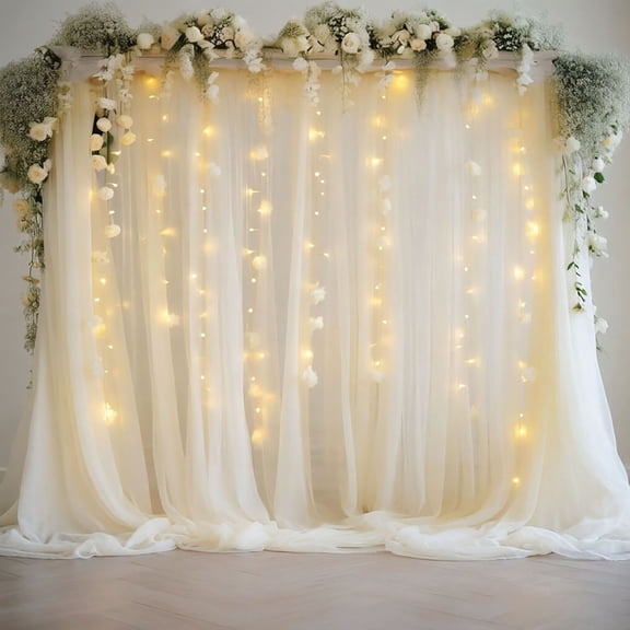 Sheer Tulle Backdrop Curtain with LED Fairy Light Strings Transparent Background Drapes For Wedding Birthday Party Photo Booth Decor