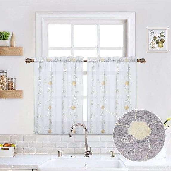 Sheer Valance Curtain, Floral Embroidered Pom Design Kitchen Window Treatment Voile Window Valances Rod Pocket, Semi Sheer Bathroom Curtain Windows, 26"W×24"L , 2 Panels,Cream