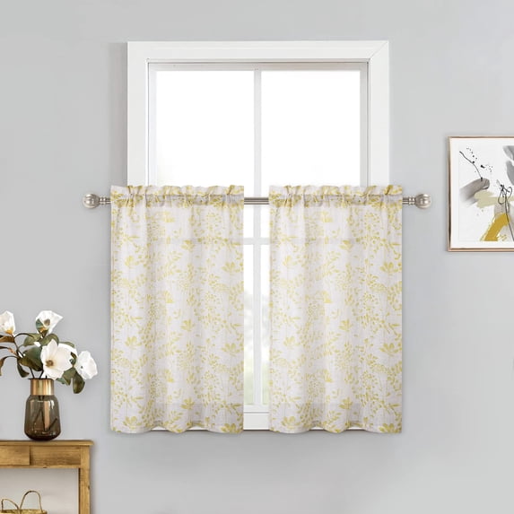 Sheer Valance Curtains Farmhouse Leaf Printed Kitchen Valance for Kitchen Dining Room Living Room, 52 x 15 Inch, Yellow, 1 Panel