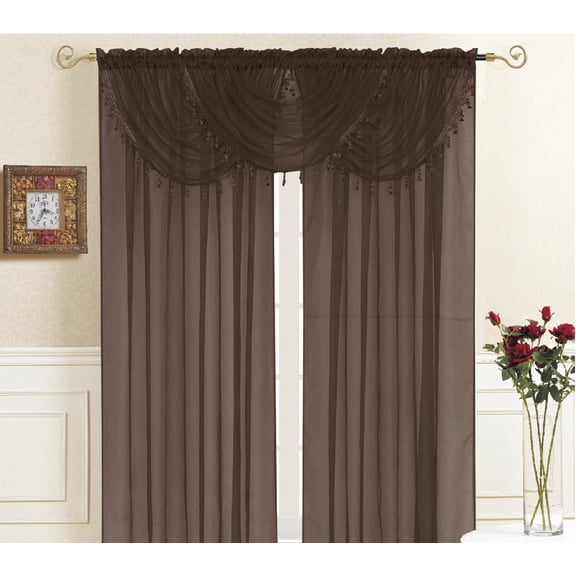 Sheer Valance Rod Pocket, Lightweight Solid Sheer with Tassel Fringe Border, Single Window Waterfall Valance, 36" x 35", Lisa (Chocolate)