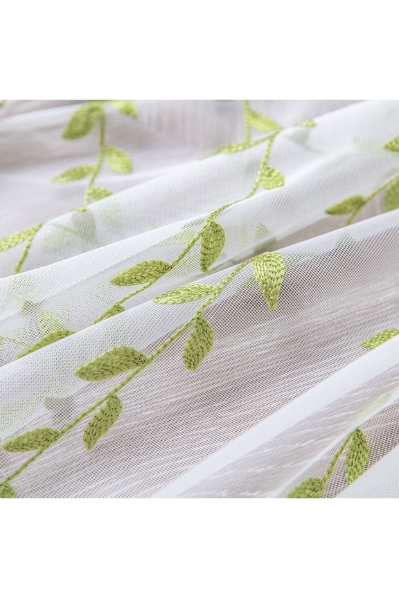 Sheer Voile Curtain Green Leaf Embroidered Window Treatment Panel