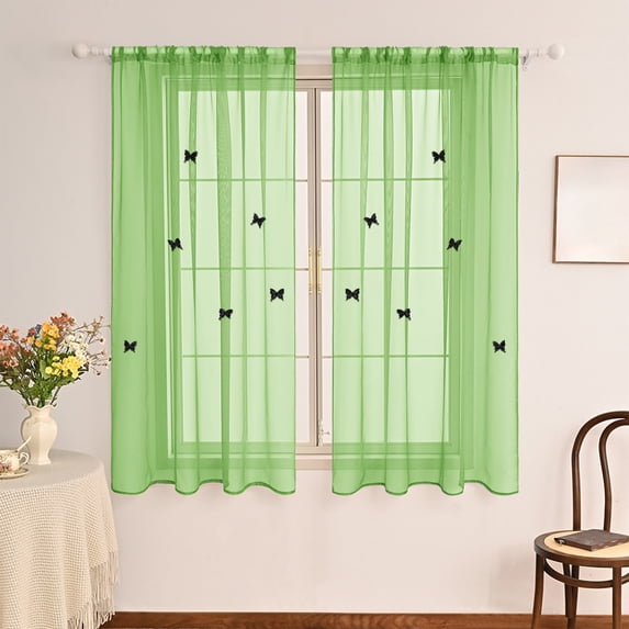 Sheer Voile Curtains, Decorative Double-layered Stereoscopic Butterflies Window Drapes for Home Kitchen, Living Room and Bedroom 51 x 40 Inch (Green)
