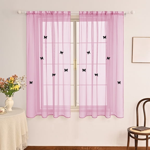 Sheer Voile Curtains, Decorative Double-layered Stereoscopic Butterflies Window Drapes for Home Kitchen, Living Room and Bedroom 51 x 40 Inch （Pink）
