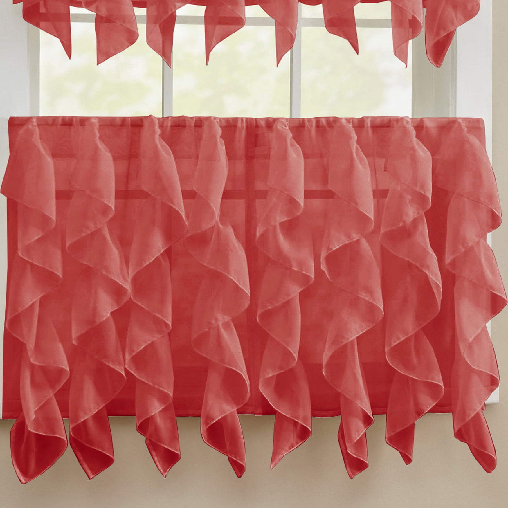 Sheer Voile Vertical Ruffle Window Curtain 24" Tier Pair - Burgundy