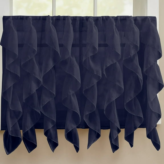 Sheer Voile Vertical Ruffle Window Curtain 36" Tier Pair - Navy