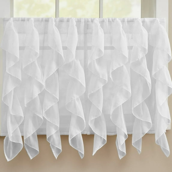 Sheer Voile Vertical Ruffle Window Curtain 36" Tier Pair - White