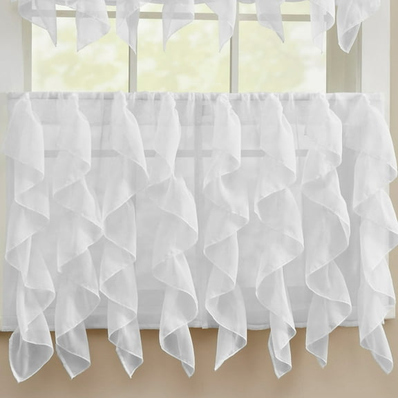 Sheer Voile Vertical Ruffle Window Kitchen Curtain 24" Tier Pair White