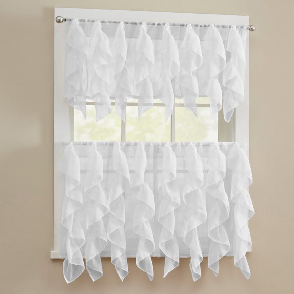 Sheer Voile Vertical Ruffle Window Kitchen Curtain 24" Tiers & Valance Set