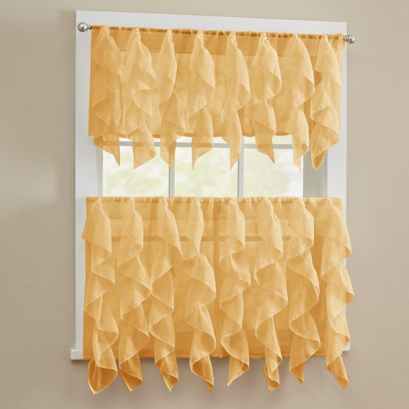 Sheer Voile Vertical Ruffle Window Kitchen Curtain 24" Tiers & Valance Set